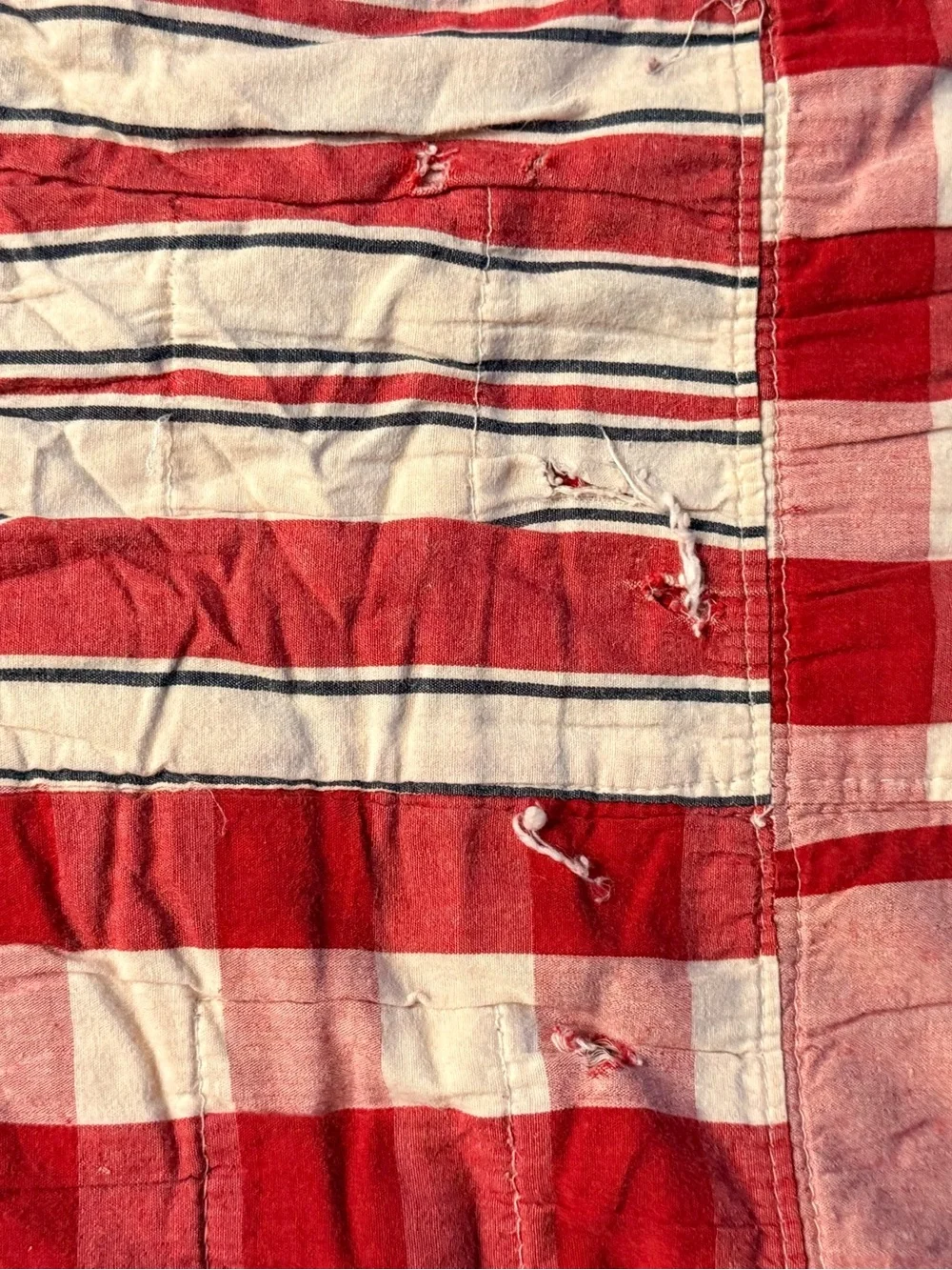 Vintage Red Patchwork Cutter Quilt Checks Toile Stripes 46 x 84